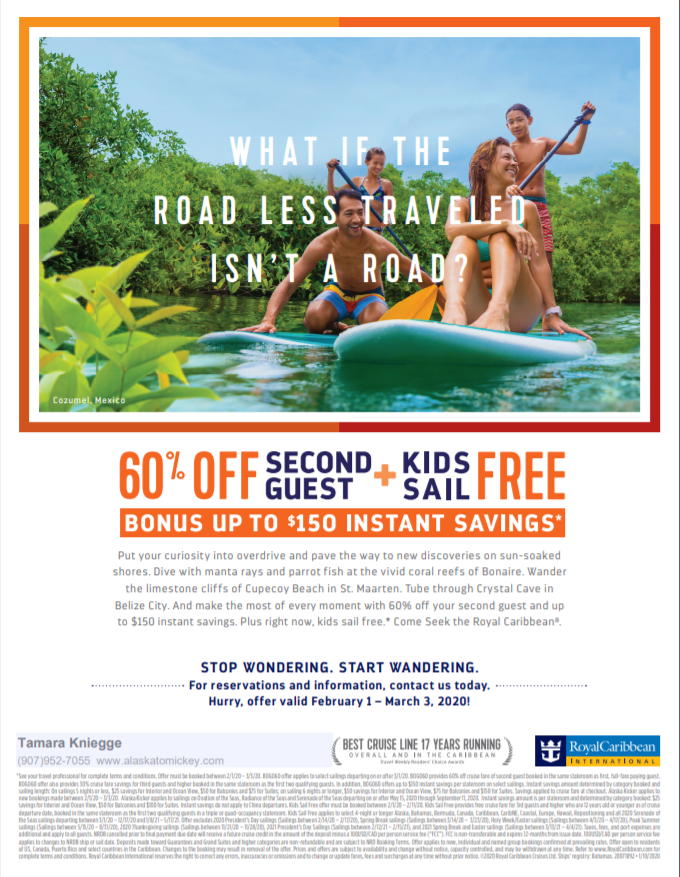 Royal Caribbean February 2020 Specials Alaska to Mickey